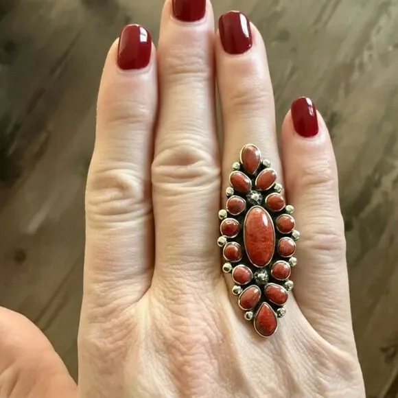 Red Coral Sterling Silver Cluster Statement Ring Large Bohemian Cocktail Ring - Picture 6 of 6